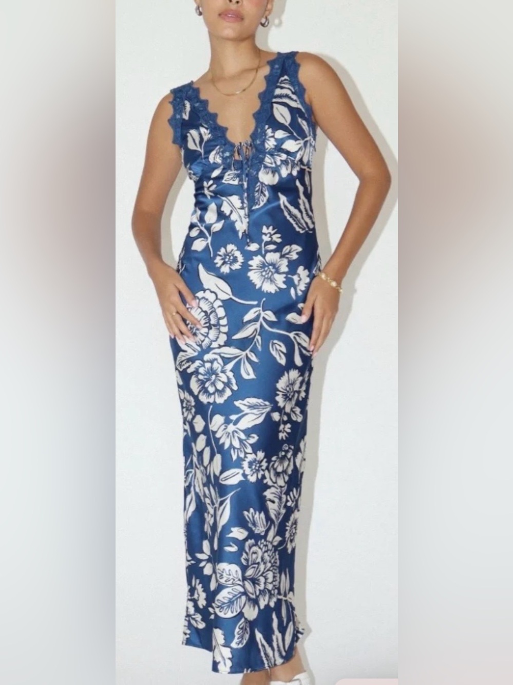 Bailey Rose Navy Floral Satin Maxi Dress Lace Trim Small